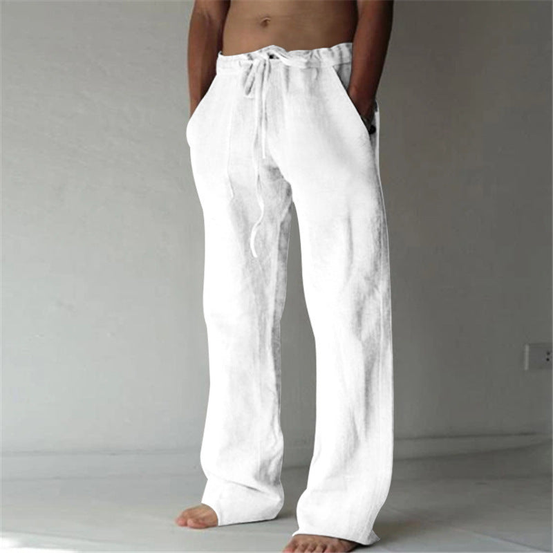 Teddy men's linen blend drawstring pants in White, front view