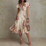 Albas - Elegant Retro Floral Satin Midi Dress