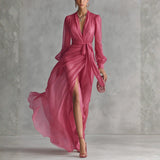 Abigail - Elegant Rose Pink Chiffon V-neck Tie-waist Long Dress