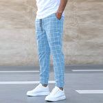 Kelvin men's checked straight leg joggers in Sky Blue, front view