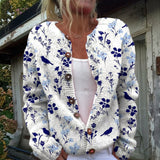 Ursule - Cardigan à imprimé d'oiseaux bleu marine et boutons