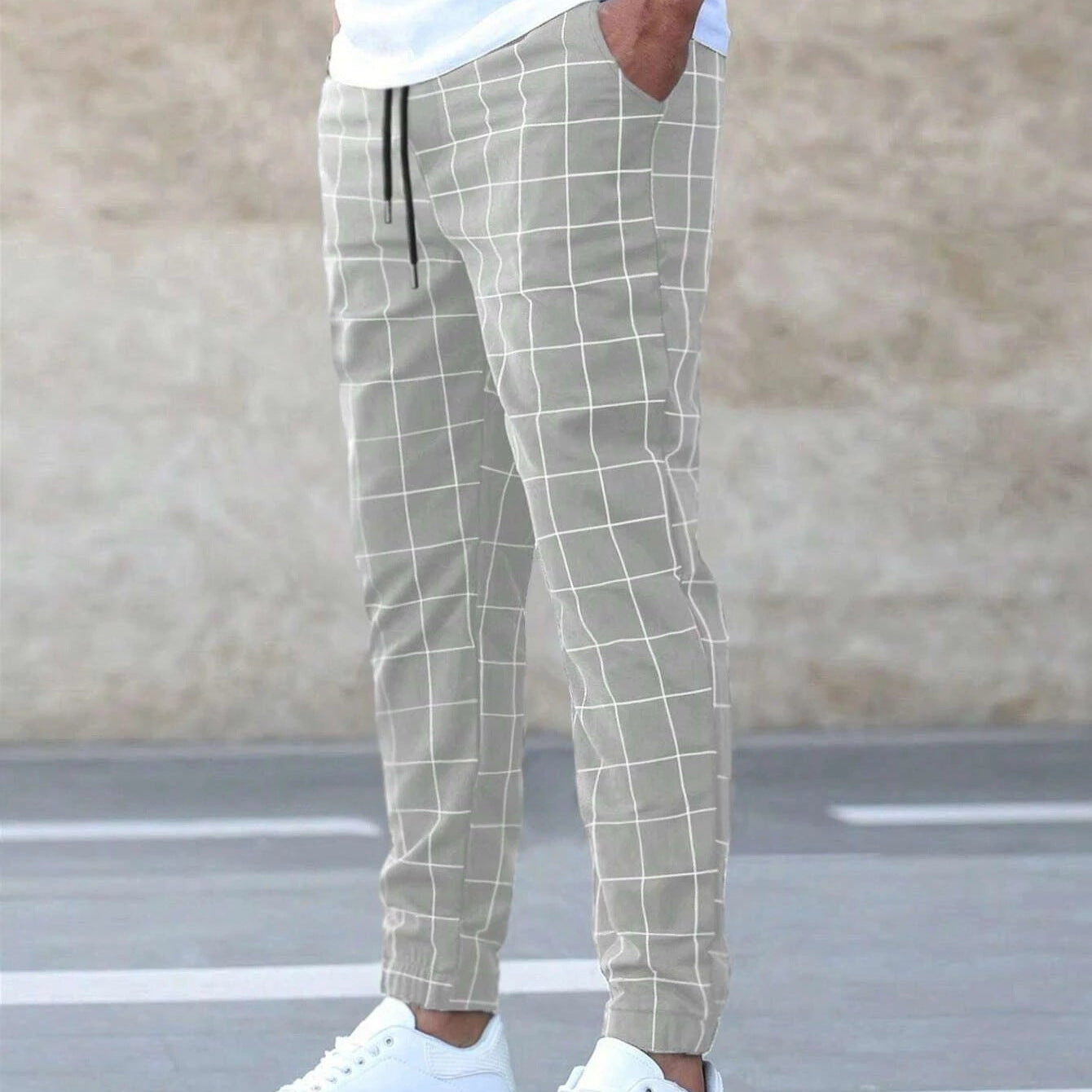Kelvin men's checked straight leg joggers in Khaki, view 4