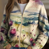 Harriet - Watercolour Thistle Zip-Up Cardigan