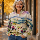 Harriet - Watercolour Thistle Zip-Up Cardigan