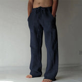 Teddy men's linen blend drawstring pants in Navy Blue, view 3