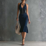 Christine - Elegant Halter Zipper Ruched Midi Dress