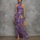 Anna - Elegant Purple Floral Chiffon Halter Maxi Dress