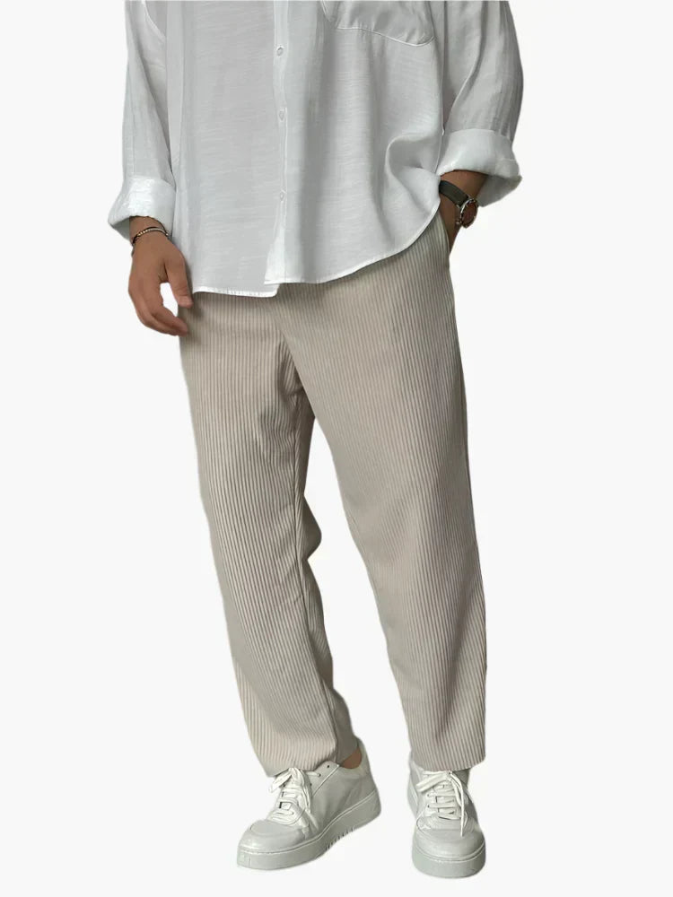 Ambrose men's relaxed pleated texture pants in Beige, front view