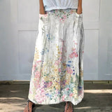 Women's Retro Elegant Floral Art Linen Elastic waistband Pocket Skirt
