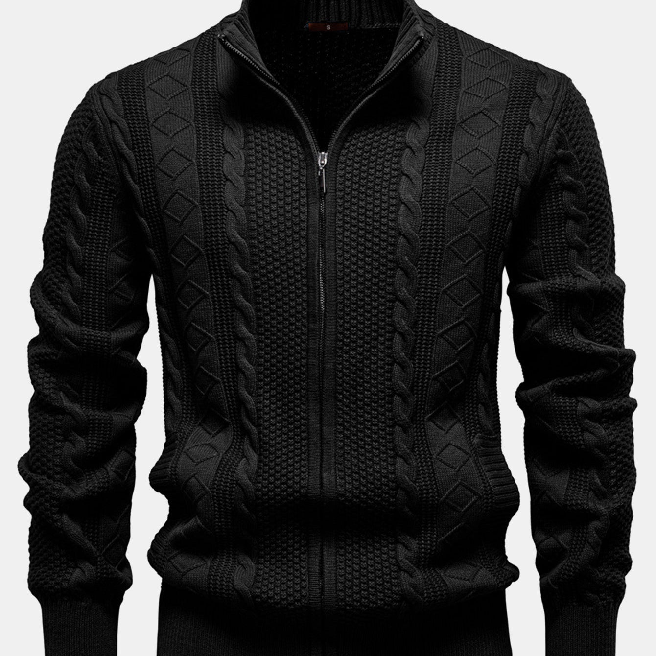 Duncan - Jacquard Cable Knit Stand Collar Zip Sweater