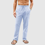 Thatcher men's linen drawstring pants in Blue, front view