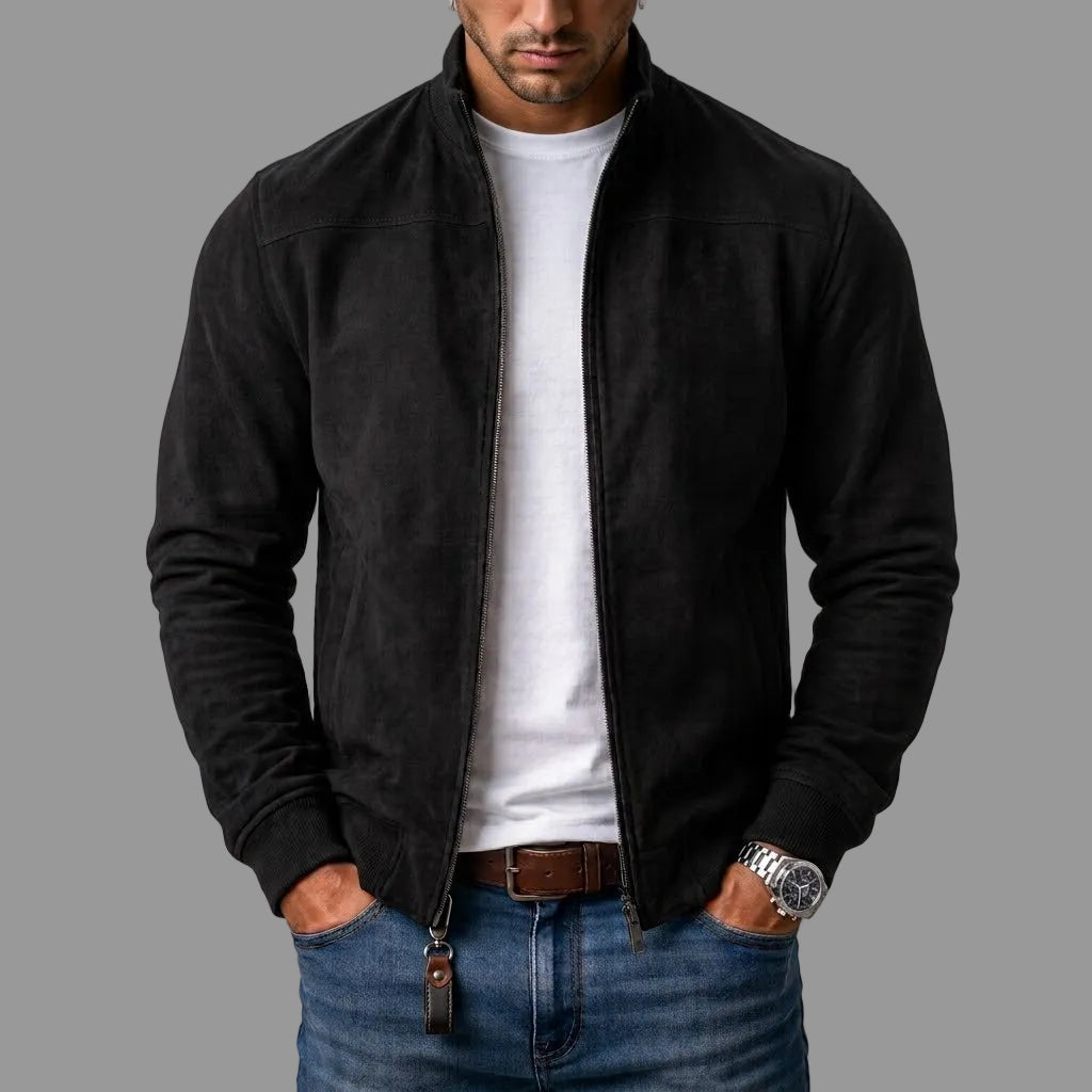 Forrest men's suede bomber jacket in Black, front view