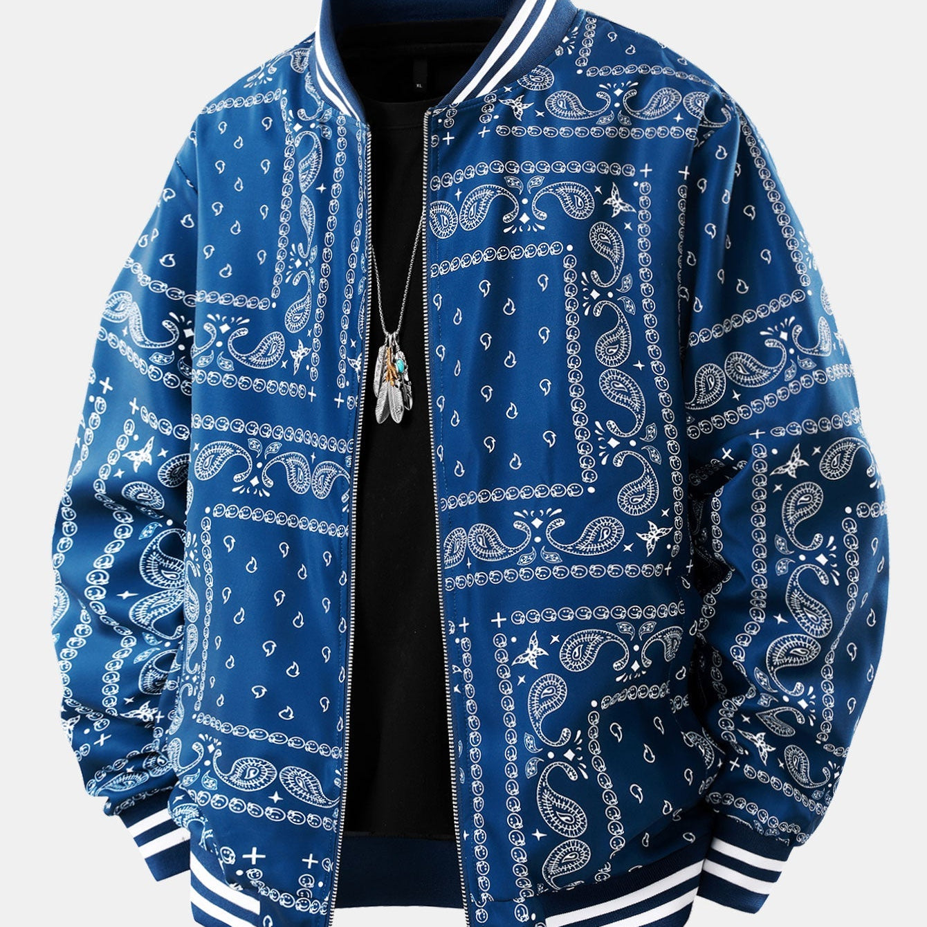 Ellis - Paisley Print Baseball Jacket with Stand Collar