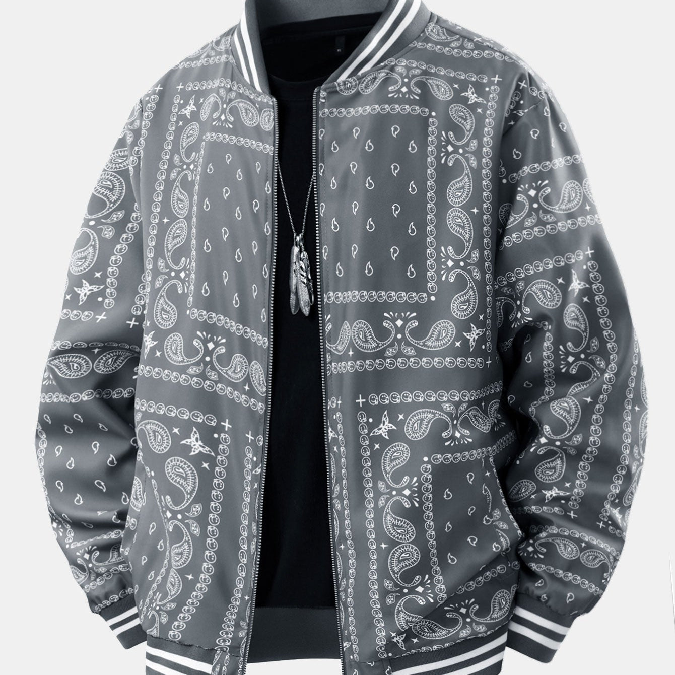 Ellis - Paisley Print Baseball Jacket with Stand Collar