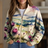 Harriet - Watercolour Thistle Zip-Up Cardigan