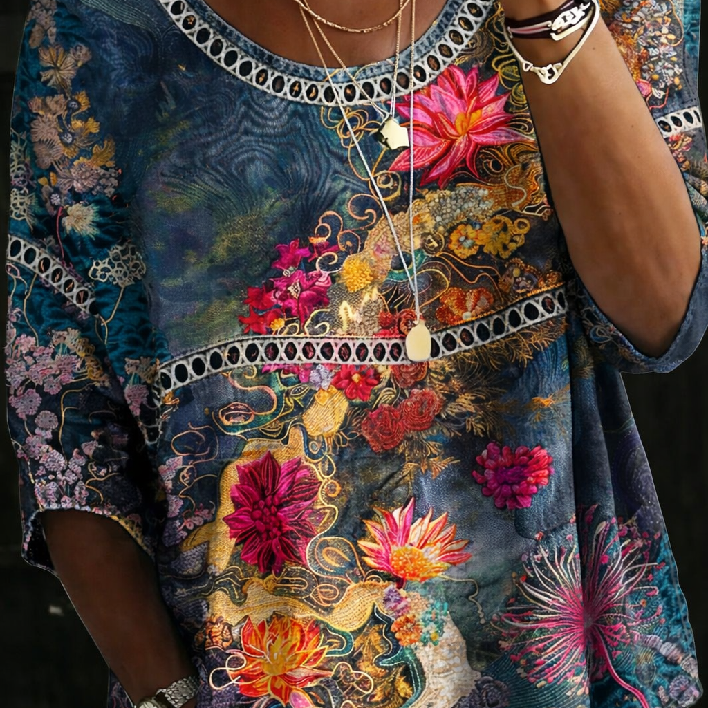 Sandra - Vintage Floral Denim Blouse