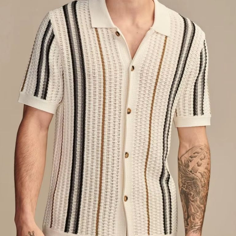 Sean - Cream Striped Knit Polo with Button Placket