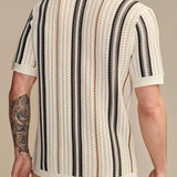 Sean - Cream Striped Knit Polo with Button Placket