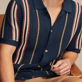 Sean - Cream Striped Knit Polo with Button Placket