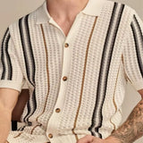 Sean - Cream Striped Knit Polo with Button Placket