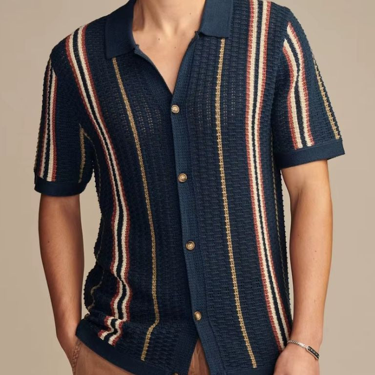 Sean - Cream Striped Knit Polo with Button Placket