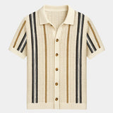 Sean - Cream Striped Knit Polo with Button Placket