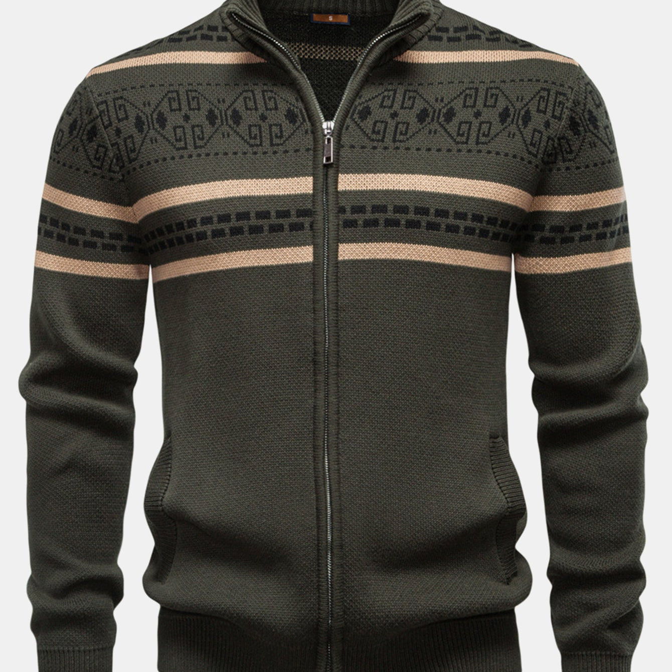 Callum - Geometric Jacquard Stand Collar Zip Sweater