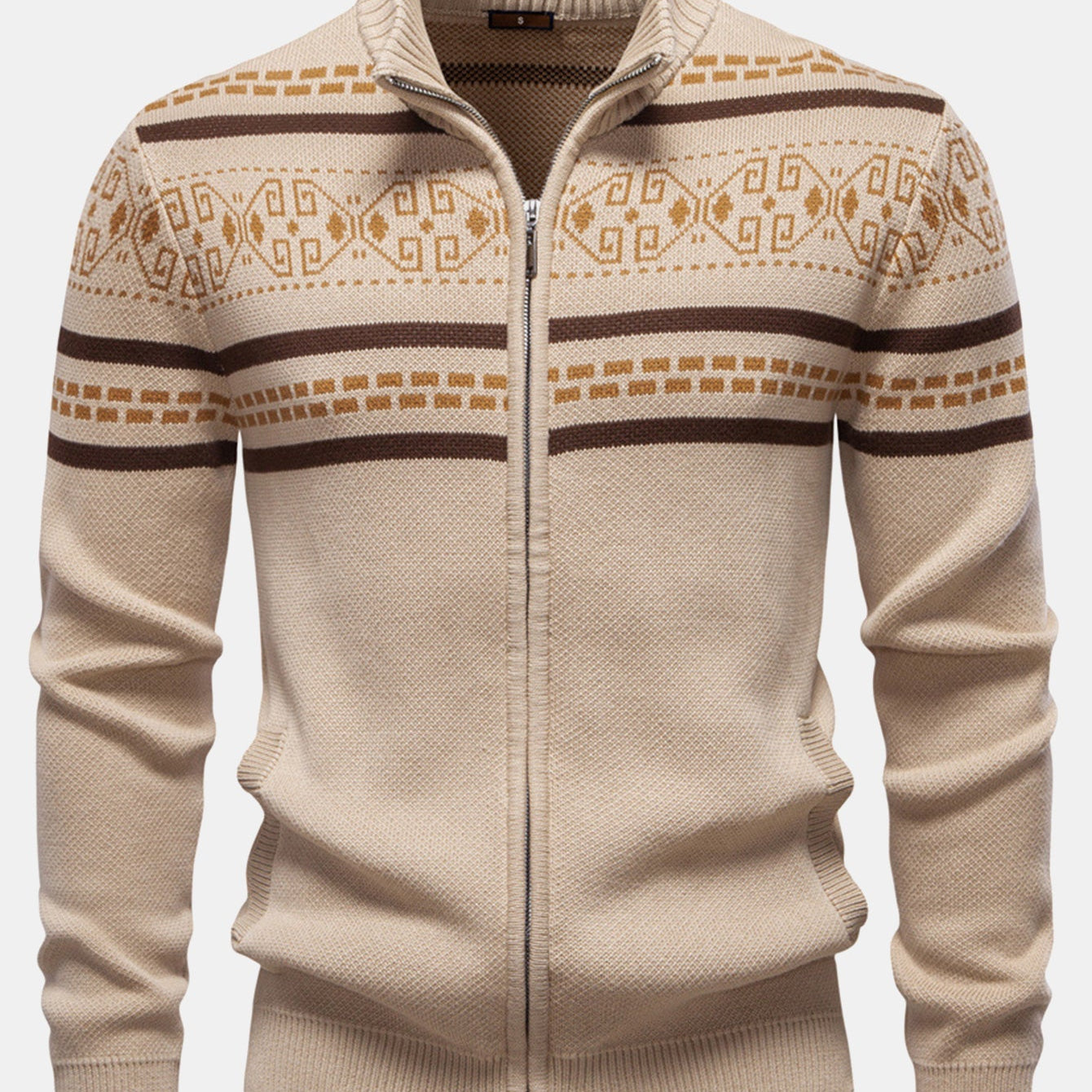 Callum - Geometric Jacquard Stand Collar Zip Sweater