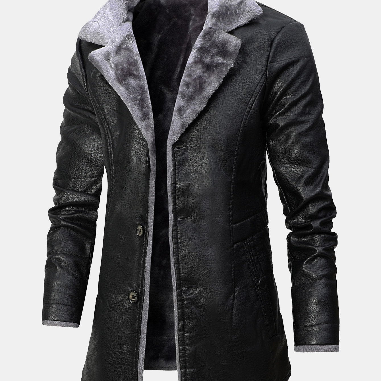 Clark - Longline Faux Leather Coat with Faux Fur Lining