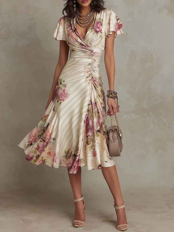Albas - Elegant Retro Floral Satin Midi Dress