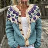 Joëlle - Cardigan à imprimé de fleurs violettes et boutons