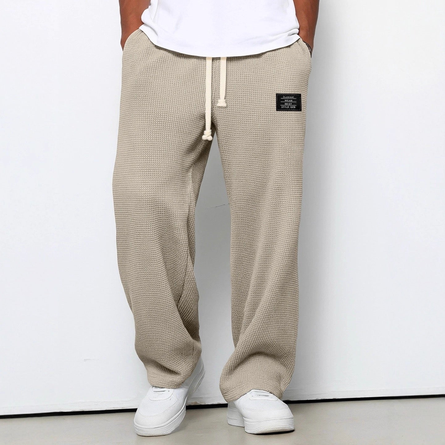 Wes men's khaki waffle drawstring pants, front view