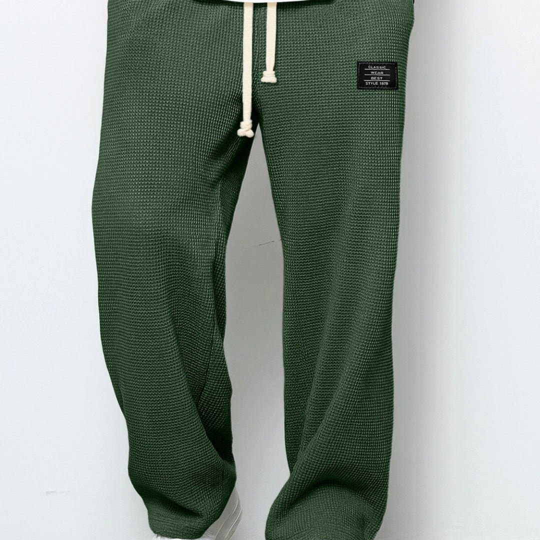 Gareth men's dark green waffle drawstring pants, front view