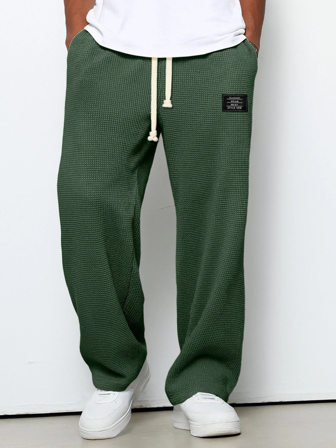 Gareth men's dark green waffle drawstring pants, front view