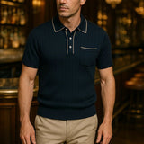 Garrett - Navy Knit Polo with Chest Pocket
