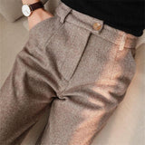 Clay men's herringbone pleated tapered pants in Brown, front view
