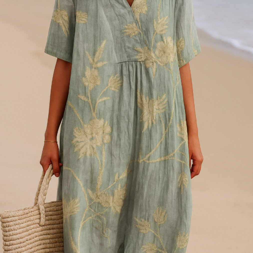 Clementina - Blue-Grey Dress with Floral Embroidery