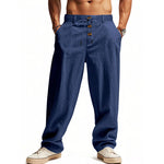 Eli men's button fly cotton linen pants in Blue, front view