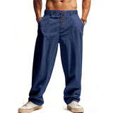 Eli men's button fly cotton linen pants in Blue, front view