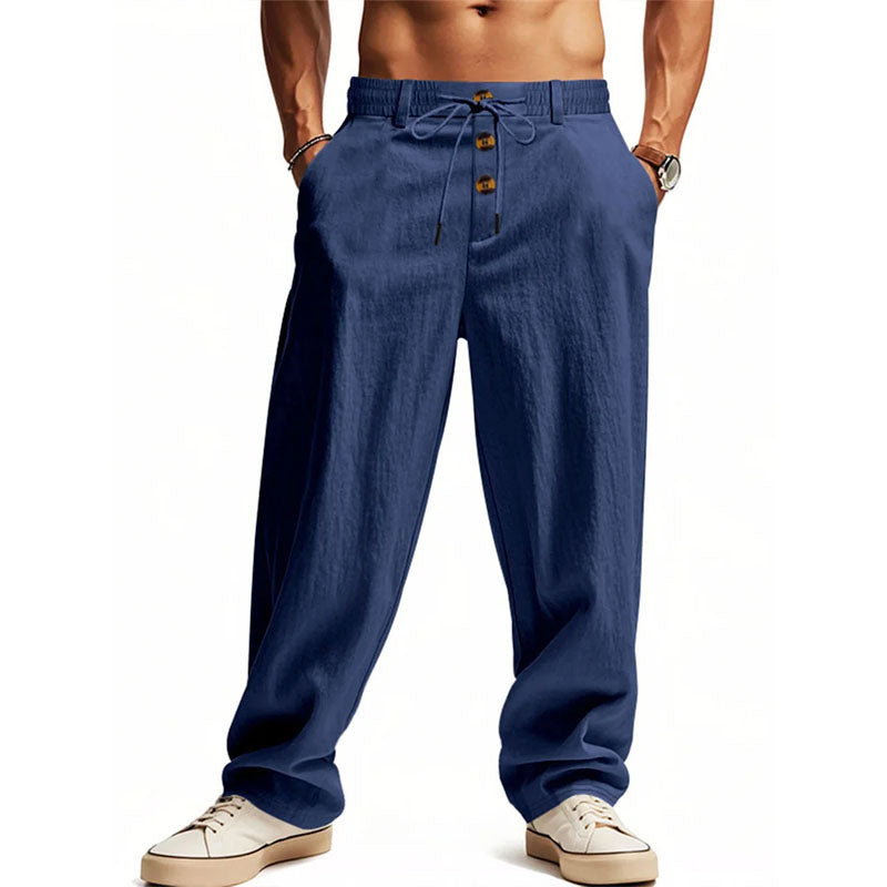 Eli men's button fly cotton linen pants in Blue, front view