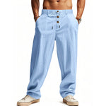 Eli men's button fly cotton linen pants in Light Blue, view 2