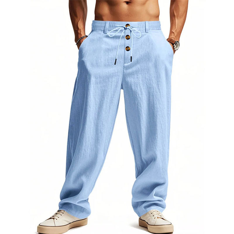 Eli men's button fly cotton linen pants in Light Blue, view 2