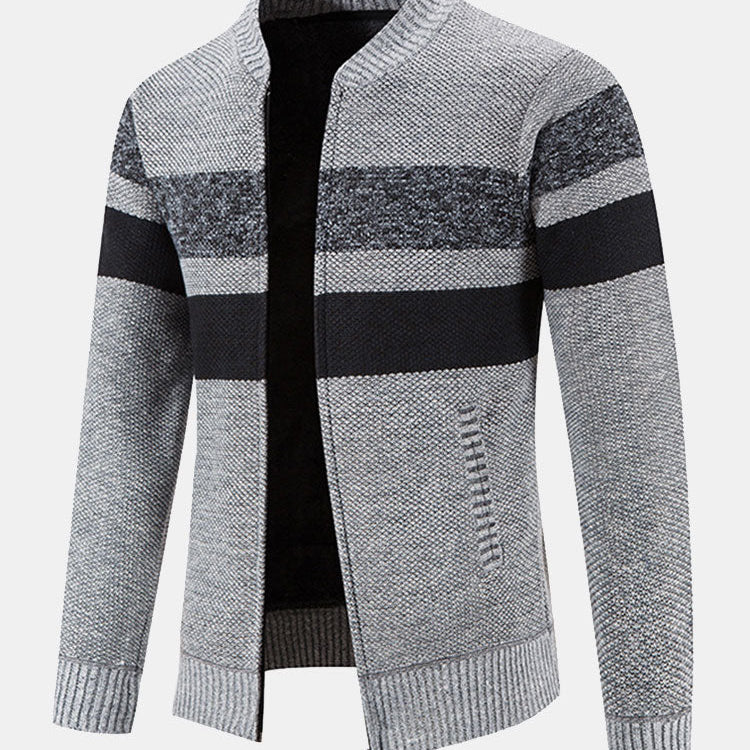 Silas - Striped Baseball Collar Zip Sweater with Teddy Lining