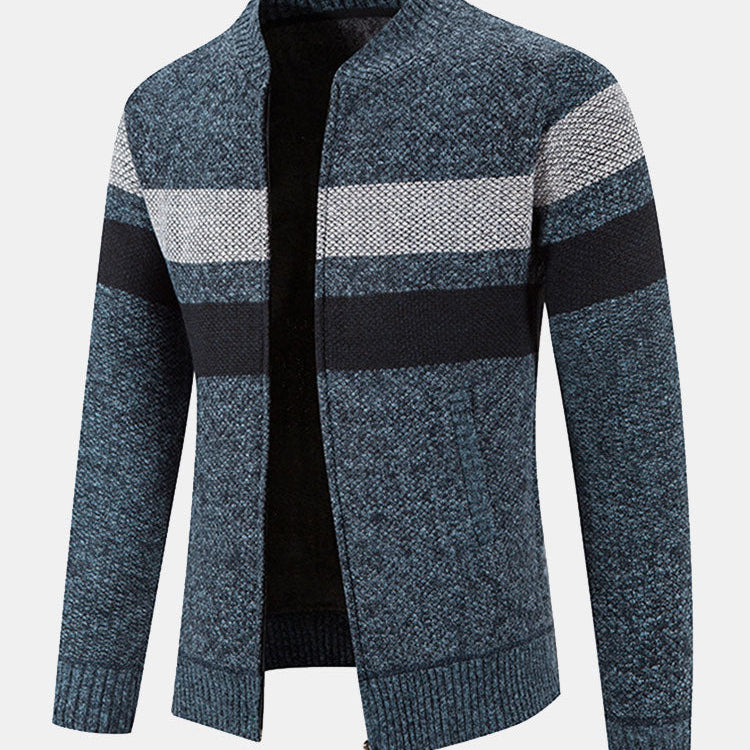 Silas - Striped Baseball Collar Zip Sweater with Teddy Lining