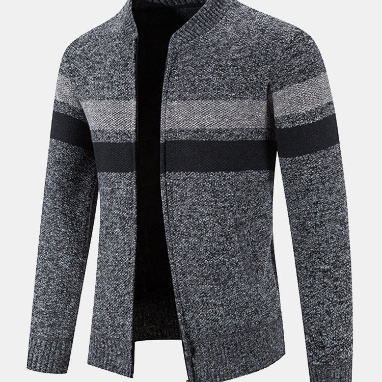 Silas - Striped Baseball Collar Zip Sweater with Teddy Lining
