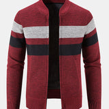 Silas - Striped Baseball Collar Zip Sweater with Teddy Lining