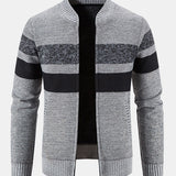 Silas - Striped Baseball Collar Zip Sweater with Teddy Lining