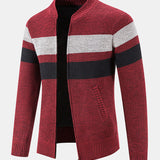Silas - Striped Baseball Collar Zip Sweater with Teddy Lining