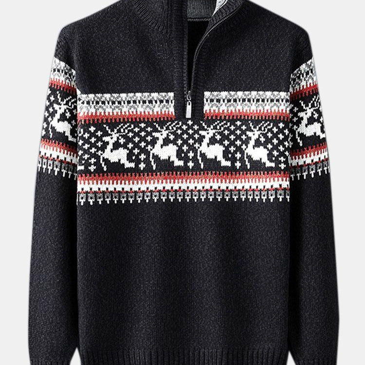 Harrison - Elk Print Half-Zip Christmas Sweater
