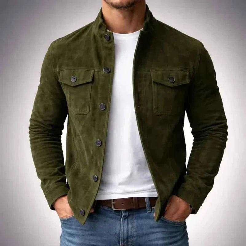 Otis men's genuine suede utility jacket in Green, front view